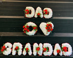 ARTIFICIAL DAD, GRANDAD, WREATH AND HEART. (HIRE ONLY)